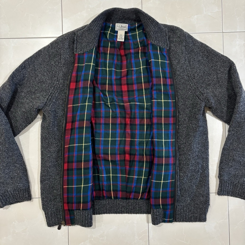 Vintage LL Bean Lambs Wool Sweater Full Zip Gray Men's XL Plaid Lined Interior